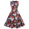 2018 été robe femmes en coton imprimé floral 50S 60S robe avec ceinture sans manches robes de soirée élégantes robe d'été - Noir / Rose 2XL