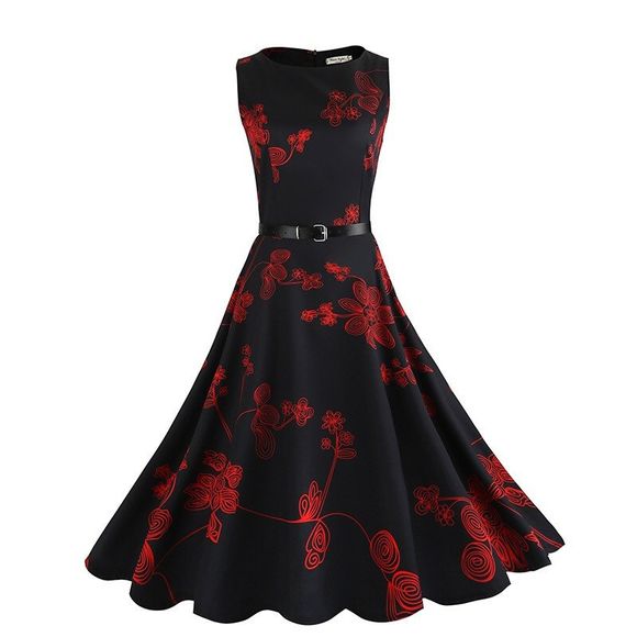 2018 Nouvelle robe de ceinture à fleurs rouge noir - Noir XL