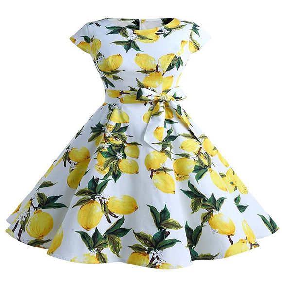 2018 Lemon Print Dress pour les femmes - Blanc XL