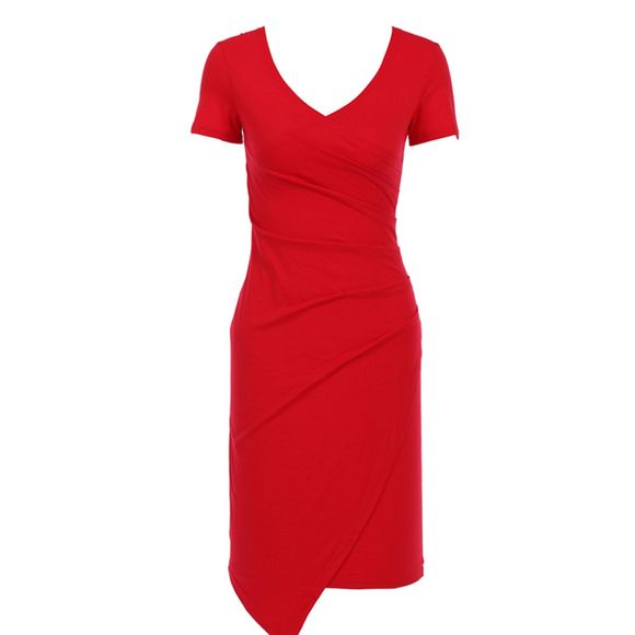 Travail de bureau à manches courtes crayon Bodycon paquet Hip robe plissée Slim - Rouge XL