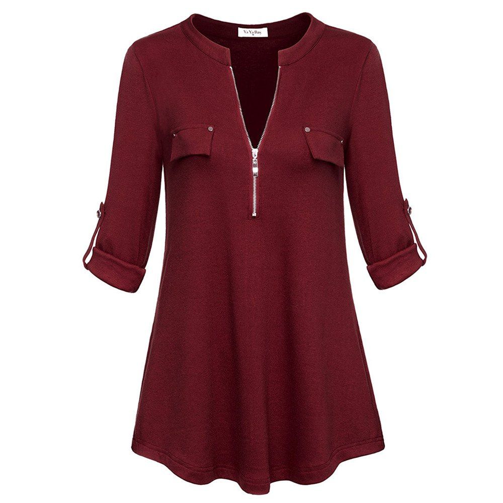 

Women's Notch-V Neck Long Sleeve Roll-Up Sleeve Zip Up Casual Shirt Blouse Tops, Wine red