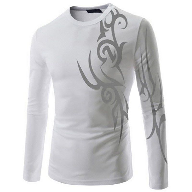 

Men'S New Casual Tattoo Printing Design Breathable Long-Sleeved T-Shirt, White