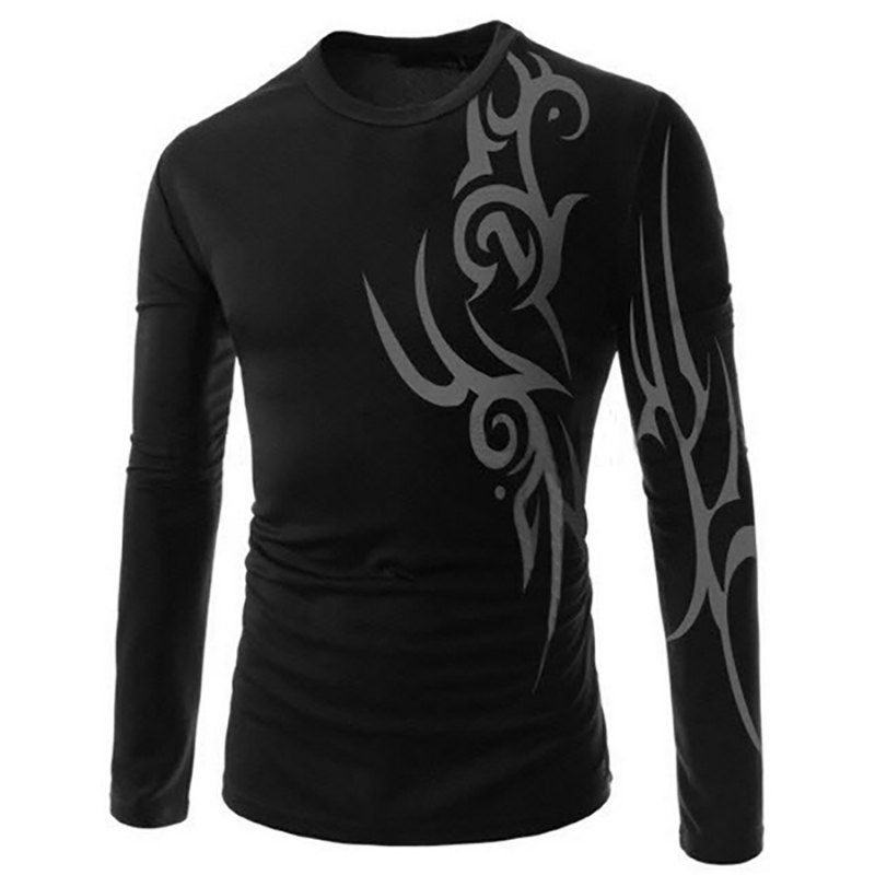 

Men'S New Casual Tattoo Printing Design Breathable Long-Sleeved T-Shirt, Black