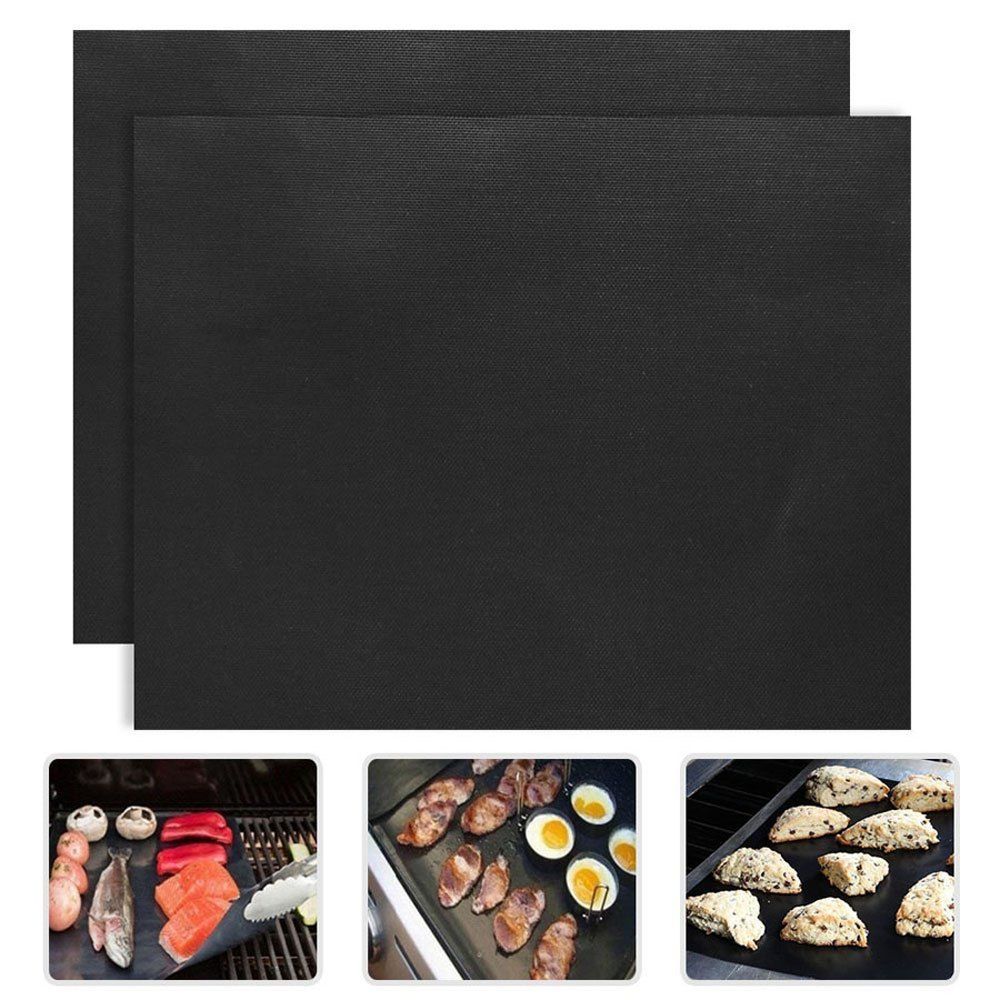 

BBQ Grill Mat Pad Baking Sheet Meshes Portable Reusable Non-Stick Outdoor Picnic Cooking Barbecue Tool 2pcs, Black