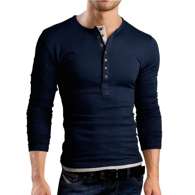 

Men's New Hot Long-Sleeved Double-Breasted Access Design Casual Fashion T-Shirt, Cadetblue