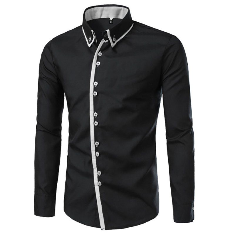 

Men's New Plain Stitching Shirt Simple Casual Long-Sleeved Shirt, Black