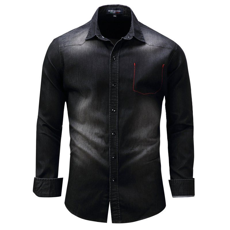 

Fashionable Leisure and Pure Cotton Lapel Cowboy Long-Sleeve Shirt, Black