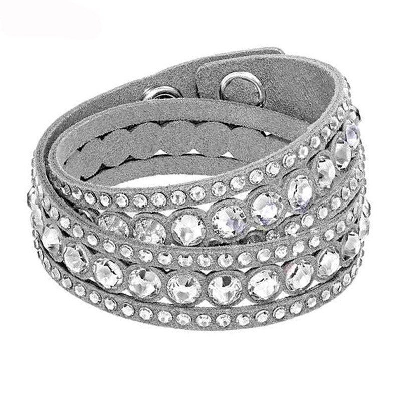 

2017 Fashion Jewelry Leather Bracelet Wrap Multilayer Crystal Bracelet Double Twist Charm Women Bracelet, Gray