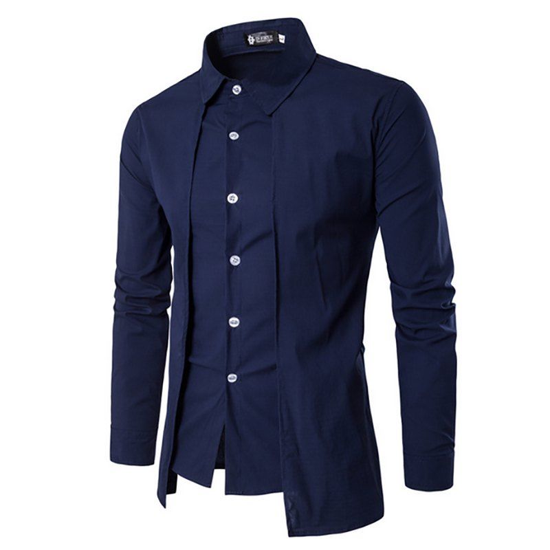 

Men's New Fake Two-Piece Casual Double-Breasted Fashion Long-Sleeved Shirt, Cadetblue
