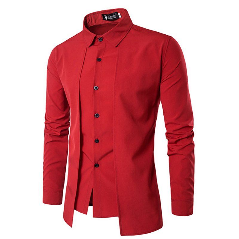 

Men's New Fake Two-Piece Casual Double-Breasted Fashion Long-Sleeved Shirt, Red