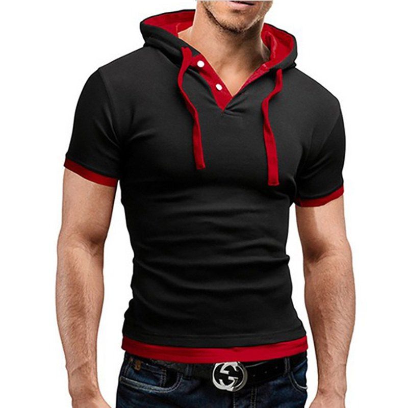 

Men's Short-Sleeved Fashion Sling Hooded Short-Sleeved T-Shirt, Black + wine red