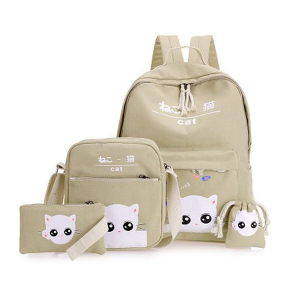 4 Pcs Schoolbag Set Cat Pattern sac à dos Sac à bandoulière Set - Kaki 