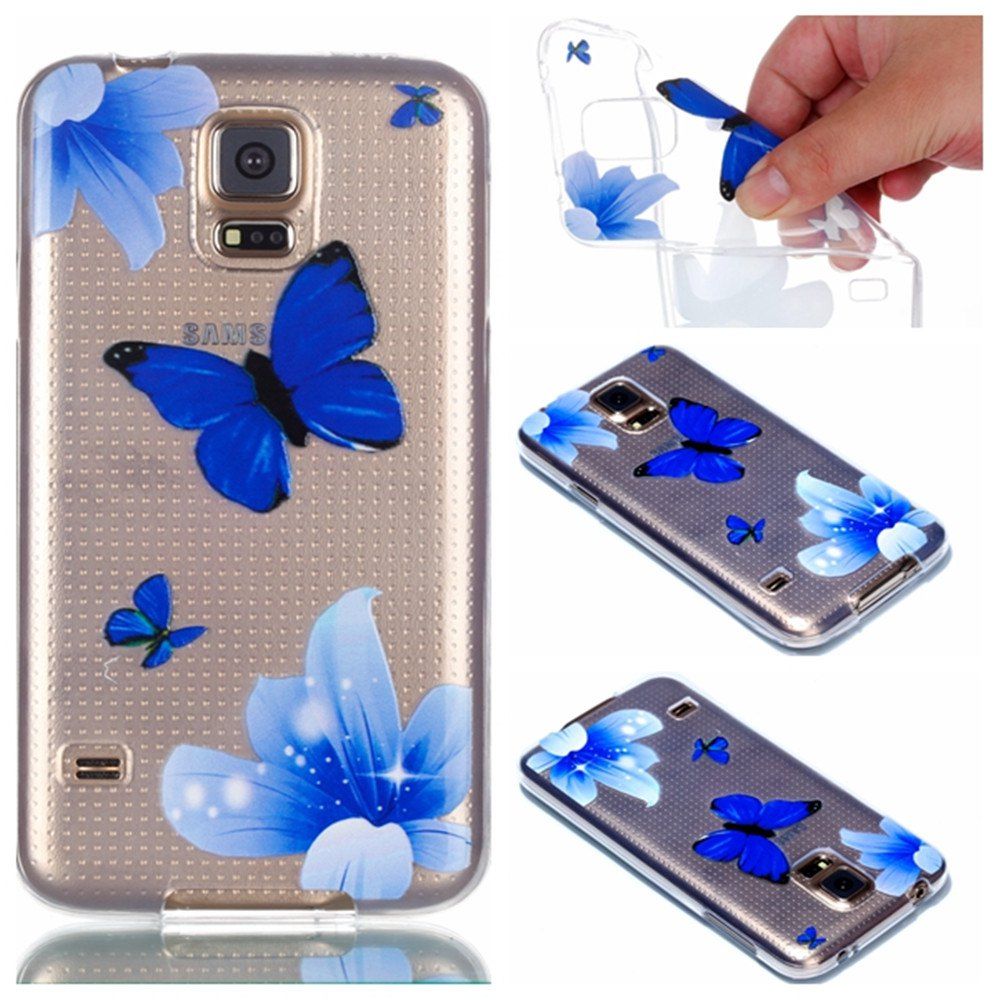 

for Samsung S5 Butterfly Painted Soft Clear TPU Phone Casing Mobile Smartphone Cover Shell Case, Blue