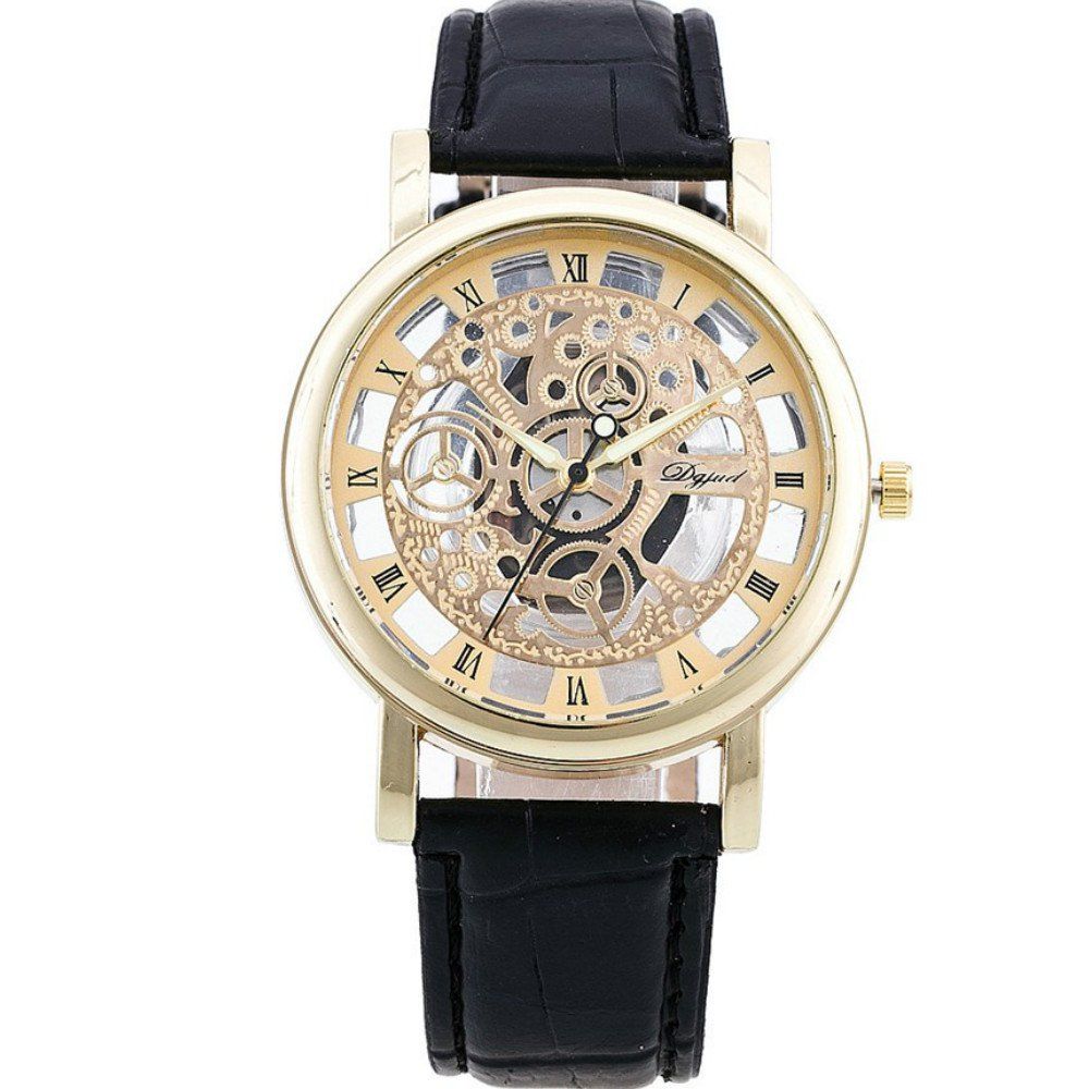 

Geneva Speed and Passion Gear Hollowed Watch Double Perspective Men Quartz Watch, Black gold