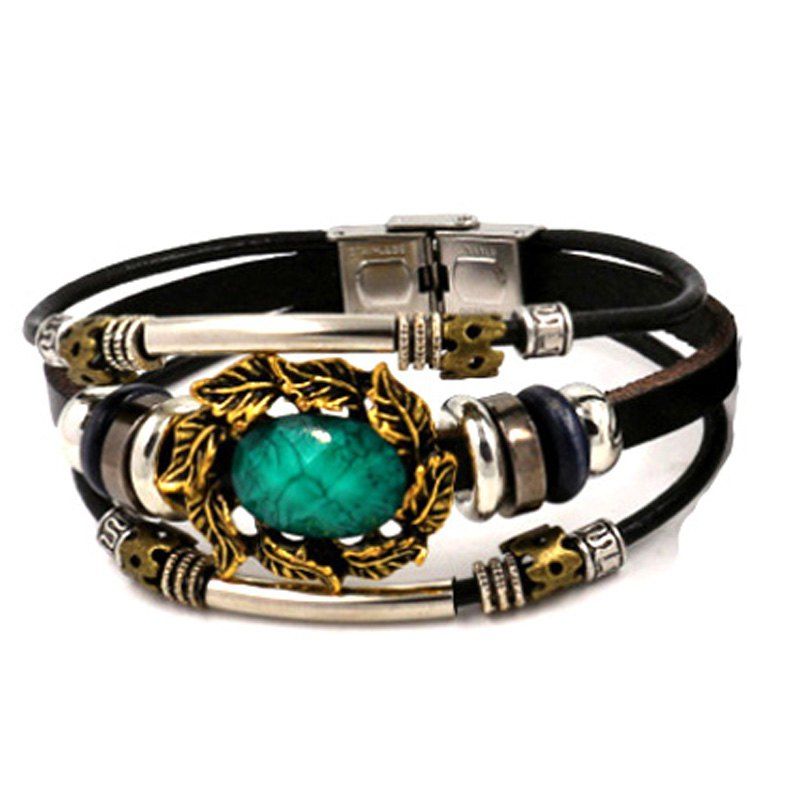 

Fashion Jewelry Multilayer Plant Bohemia Style Rhinestone Crystal Feather Leaf Charm Leather Bracelets, Green