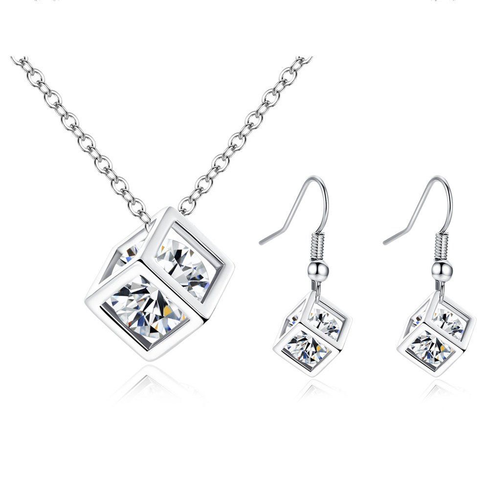 

Diamond Square Rubik'S Cube Love Pendant Necklace Earrings 2 Pieces, Silver