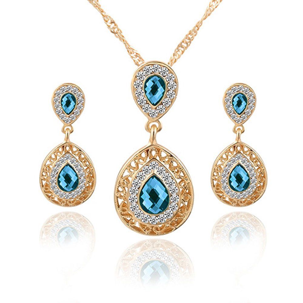 

2PCS Necklace Crystal Earrings Water Drop Pendant Jewelry, Blue