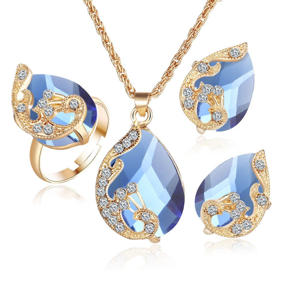 

3PCS Crystal Pendant Necklace Earrings Ring Jewelry, Blue