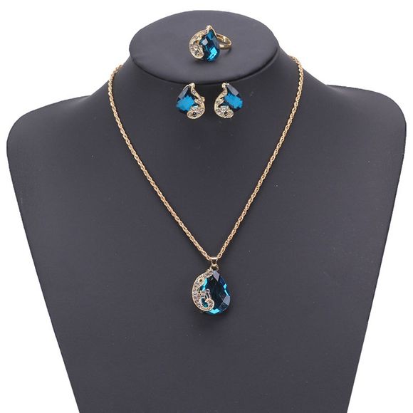 Femmes Filles Bijoux Set Cristal Strass Pendentif Collier Boucles D'oreilles et Anneau À La Mode Ornement Cadeaux - Bleu 