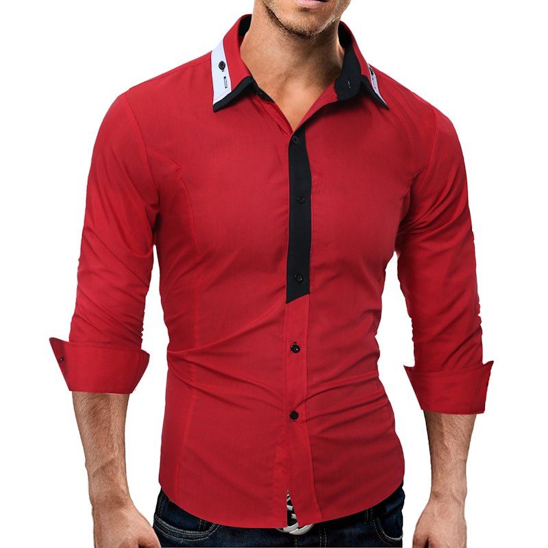 

Fashion Color Lapel Repair Man Long Sleeved Shirt, Red