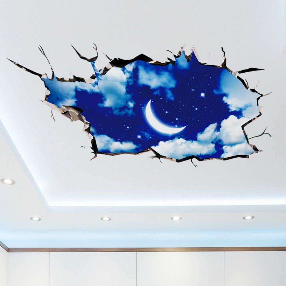 

3D Moon Sky Decoration Cupboard Roof Floor Decal Art Stickers, Blue
