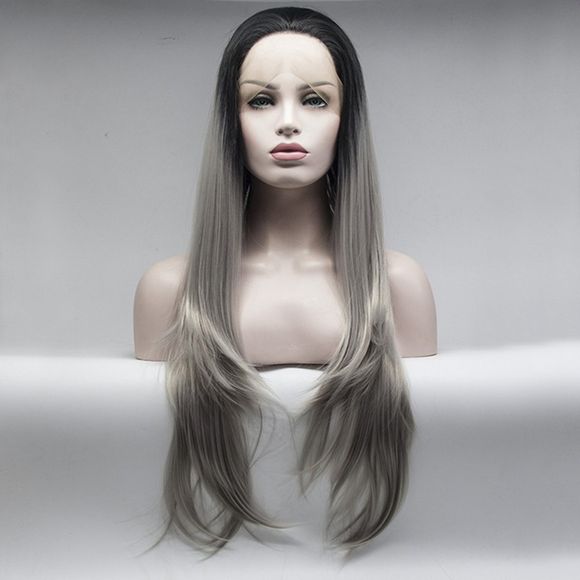 14 - 24 pouces naturel ondulé racine noire résistant à la chaleur cheveux synthétiques Lace Front perruques pour les femmes - GRIS/NOIR 24INCH