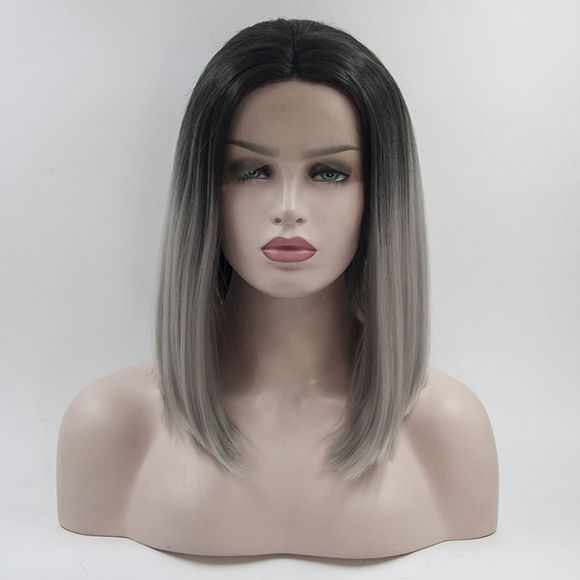 12 - 16 pouces Bob Style longueur moyenne couleur gris noir racine résistant à la chaleur synthétique cheveux Lace Front perruques pour les femmes - GRIS/NOIR 16INCH