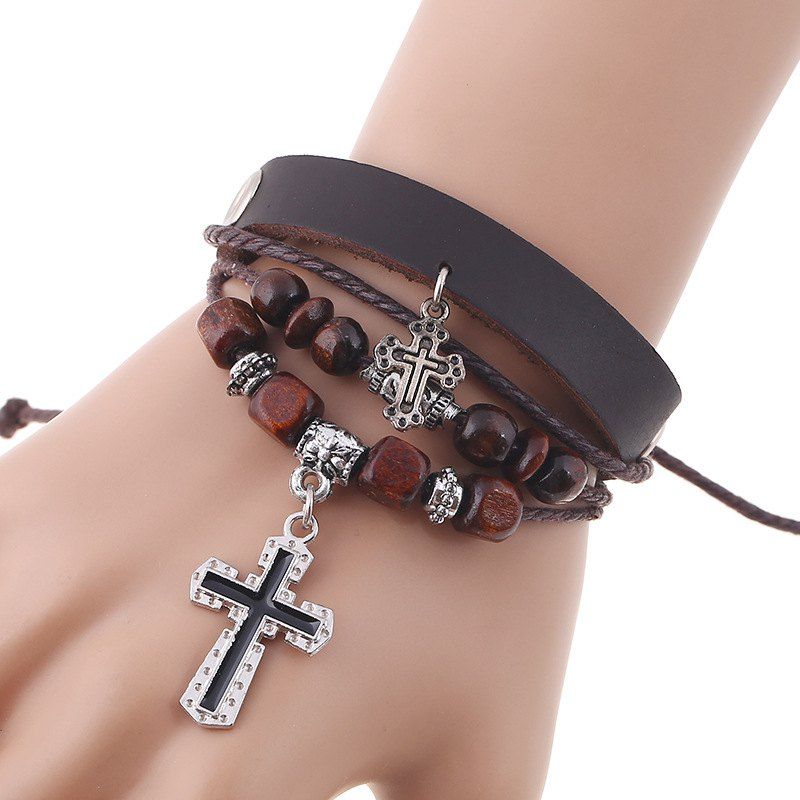 

Women Beads Cross Leather Cowhide Leather Bracelet for Men, Deep brown