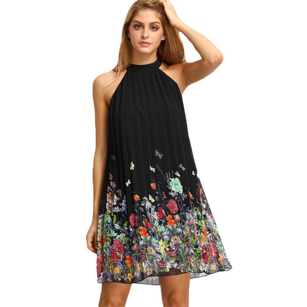 

Sleeveless Round Collar Printed Chiffon Loose Dress, Black