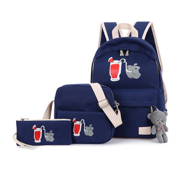 Sacs d'école de 3 Pcs Girl Set Cartoon Pattern toile sac à dos livre sacs ensemble - Bleu 