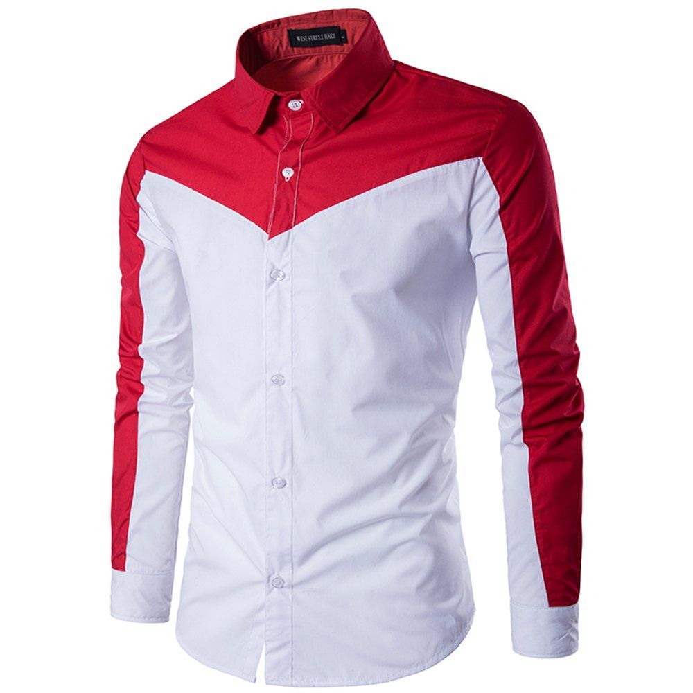 

Spring New Men Long-Sleeved Shirt Youth Stitching Students Cotton Shirt, White