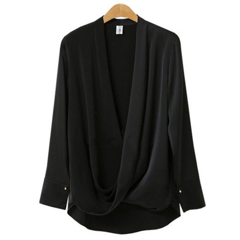 

Plus Size Irregular Chiffon V Collar Long Sleeved Shirt, Black
