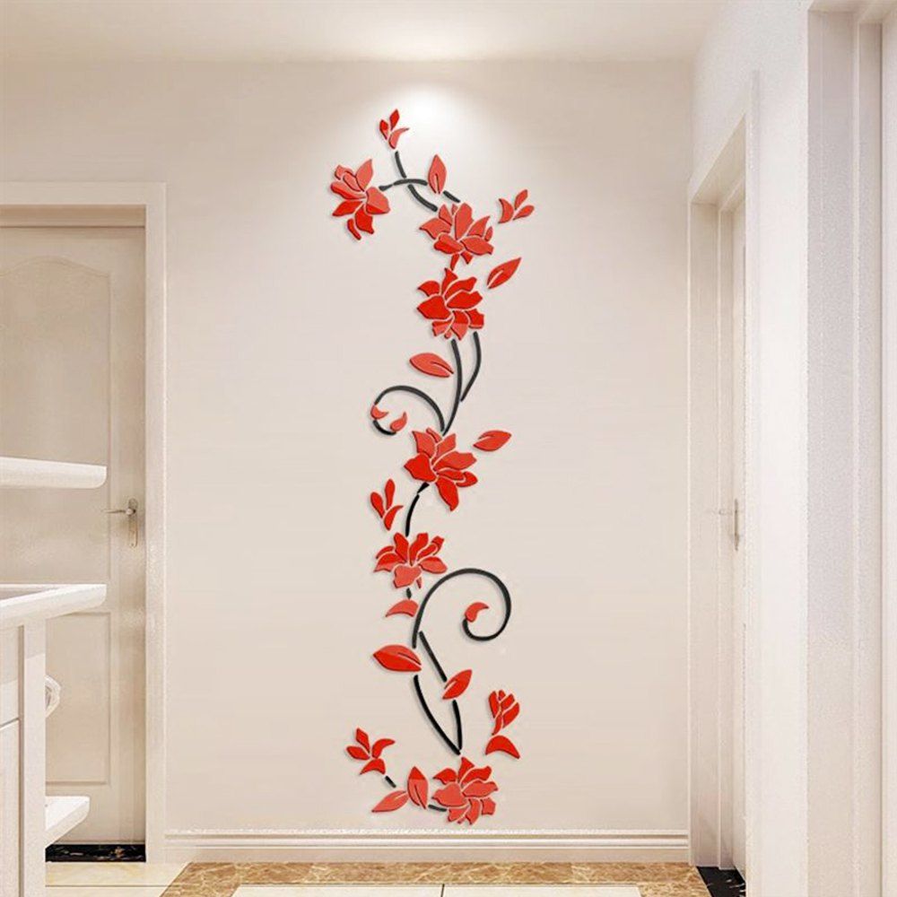 

3D Crystal Three-Dimensional Rose Flower Acrylic Wall Stickers, Red