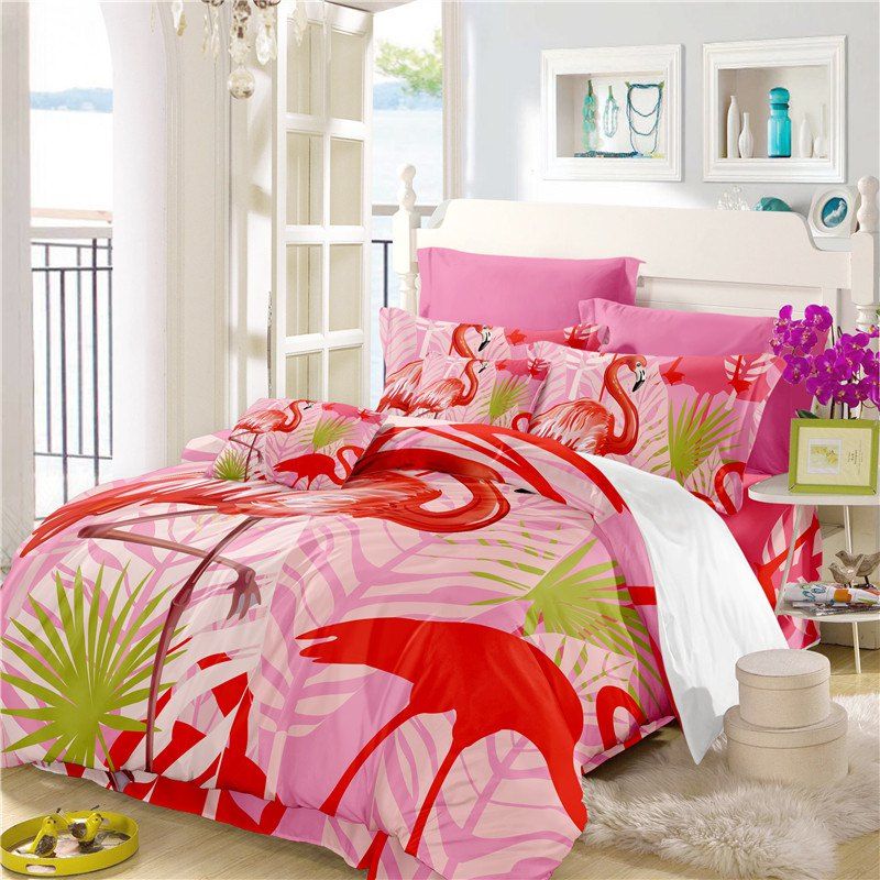 Embroidered Leaf Flamingo Series Bedding Three or Four Pieces Bedding Sets AS15