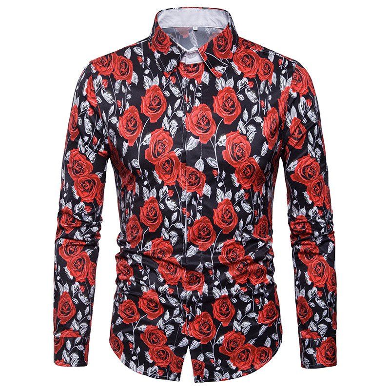 

Spring Valentine'S Day New Men's Casual Rose Floral Shirt, Black
