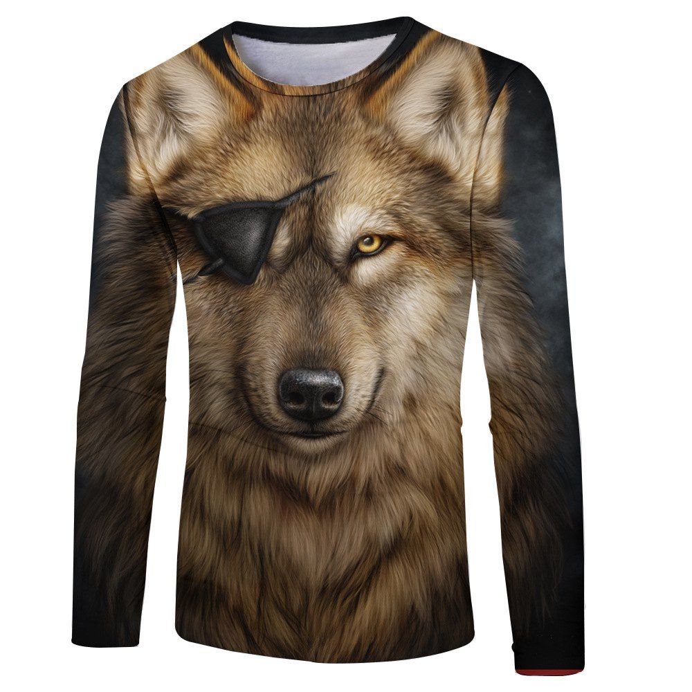 [17% OFF] 2021 One-Eyed Wolf Print Round Neck Long-Sleeved T-Shirt In ...
