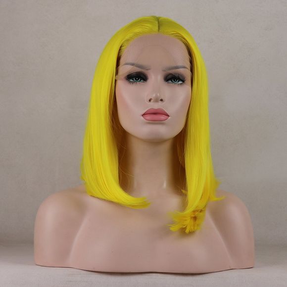 Bob Wavy Style lumière jaune résistant à la chaleur cheveux synthétiques Lace Front perruques pour les femmes - Jaune clair 12INCH