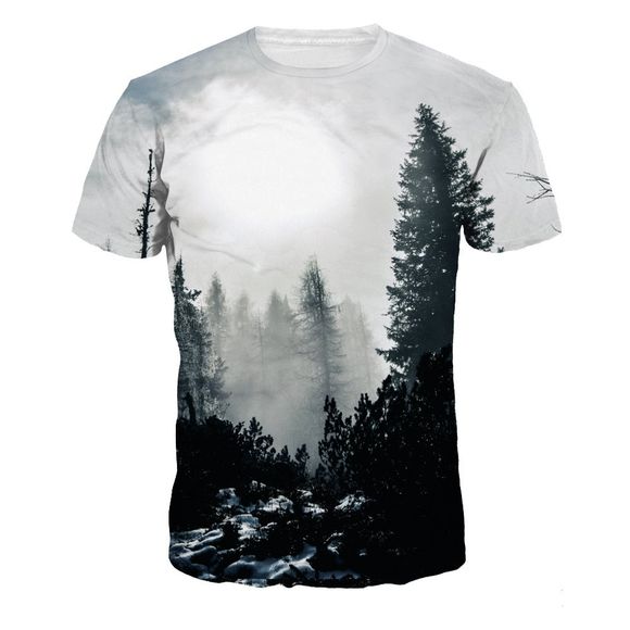 T-shirt à manches courtes impression numérique 3D paysage - Blanc et Noir M