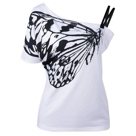 Femmes T-shirt imprimé papillon à col incliné - Blanc XL