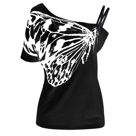 Femmes T-shirt imprimé papillon à col incliné - Noir L