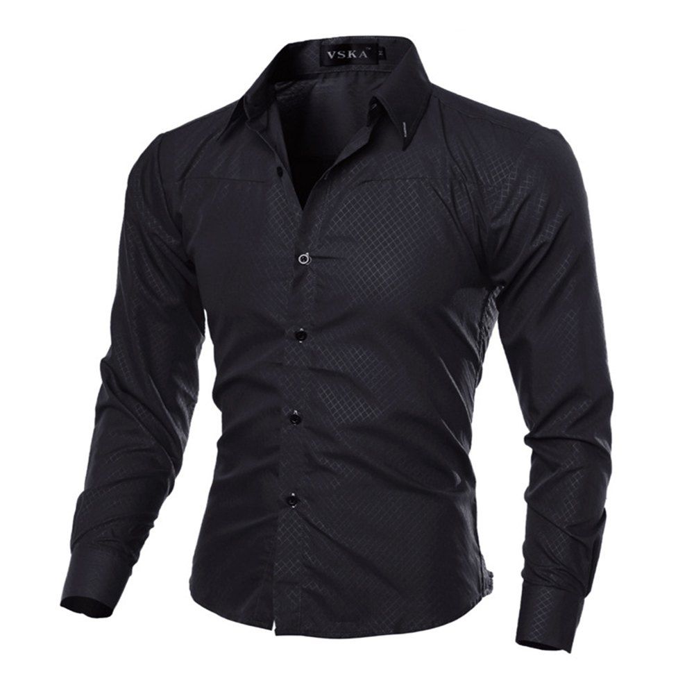

Lapel Hidden Plaid Long Sleeve Shirt, Black