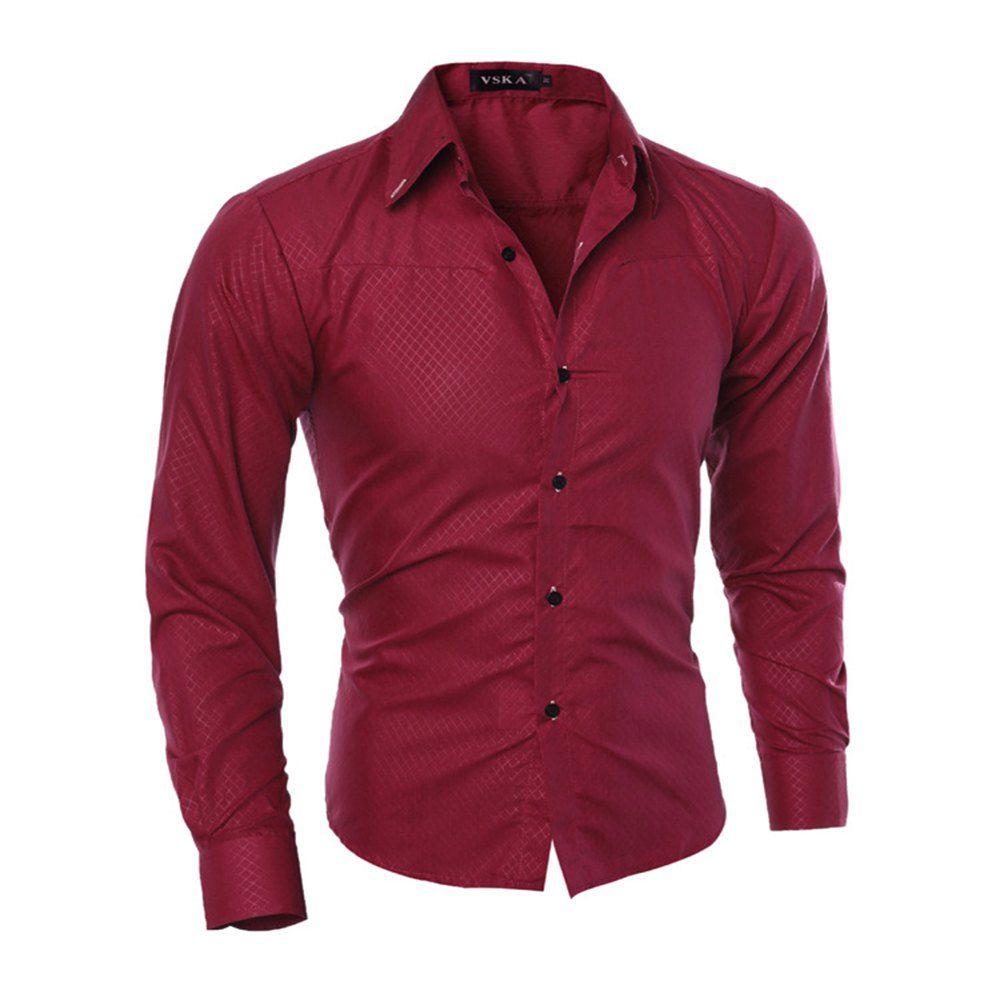 

Lapel Hidden Plaid Long Sleeve Shirt, Wine red