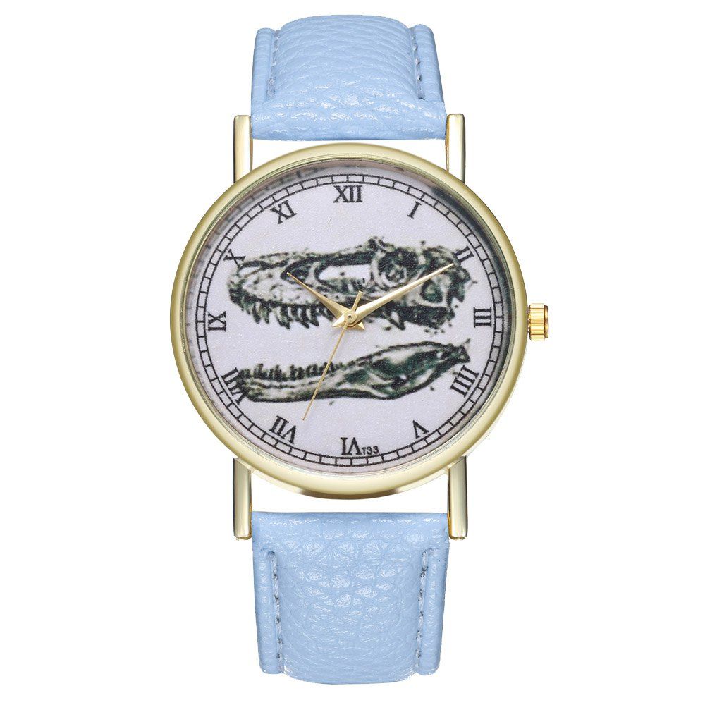 

Zhou Lianfa New Fashion Gold Dial Lychee Pattern Dinosaur Skull Figure Watch, Light blue