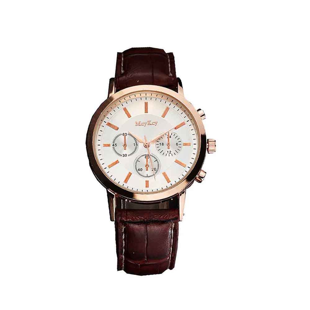 

Fashionable Three-eye Fashion Men's Leather Business Casual Quartz Watch, Brown+gold+grey