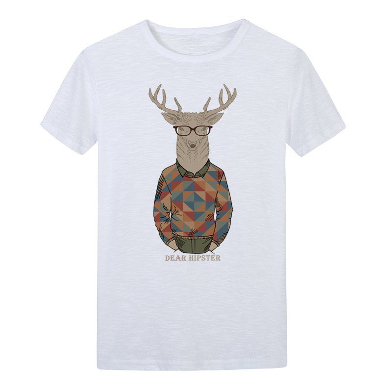

Summer Monsieur Deer Print Round Collar Short Sleeved T-Shirt, White