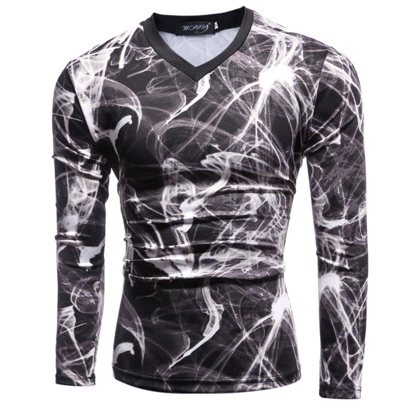 

Fashion V Collar Printed Long Sleeved T - Shirt, Concord