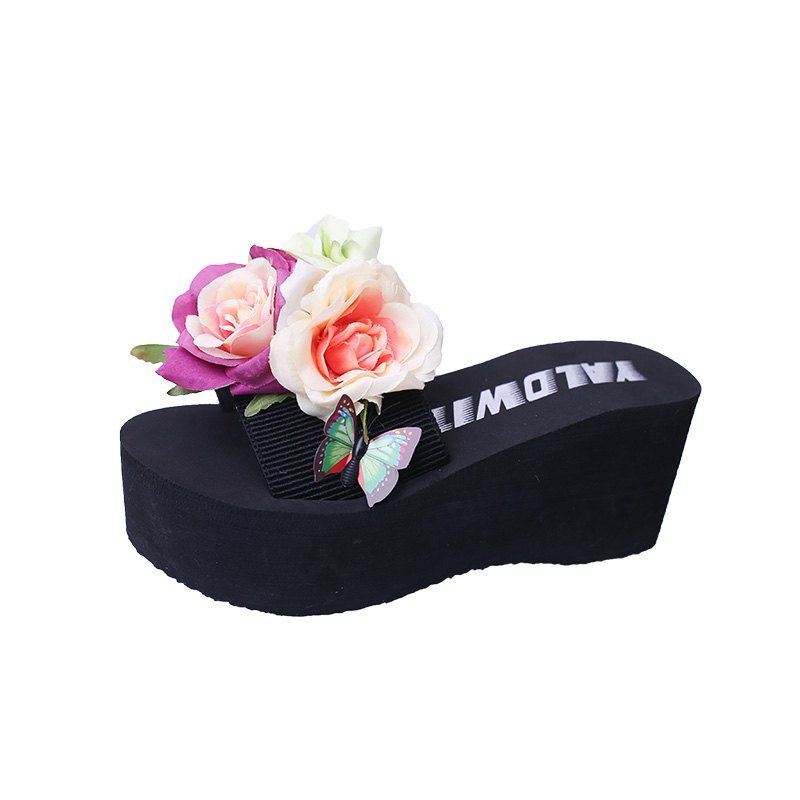 

Big Flowers Thick Bottom Sand Slippers, Black