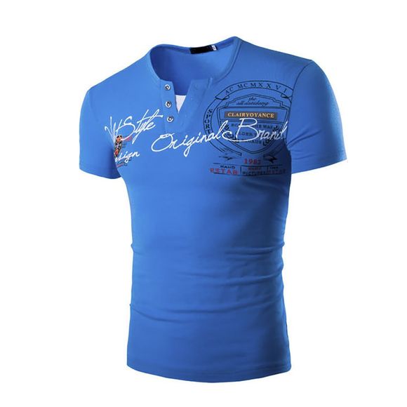 Nouveau mode hommes coton manches courtes bouton Deep V col Sports de plein air T-Shirt - Robe Bleu L