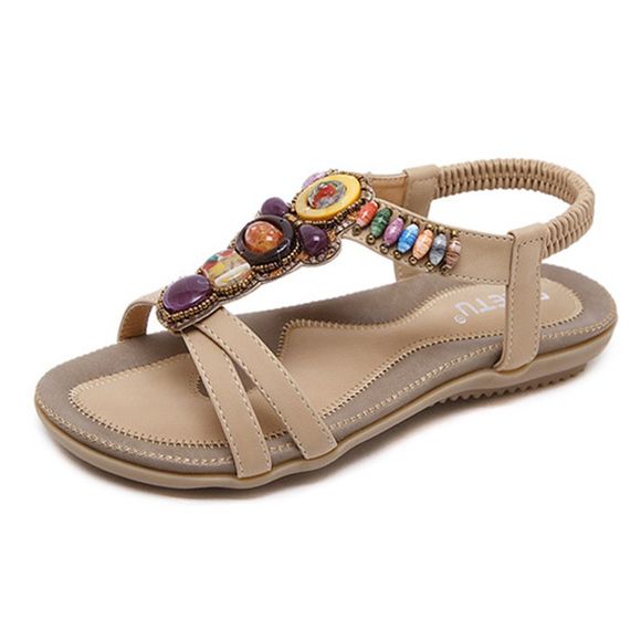 Nouvelles femmes occasionnels bohème plat sandales perlées plage chaussures - Marron Camel 39