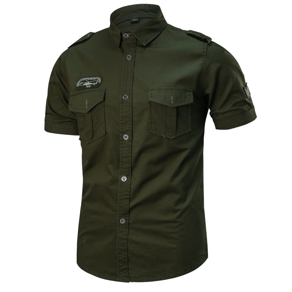 

2018 Summer New Military Multi-Pocket Short-Sleeved Plus Size Men's Shirt, Dark forest green